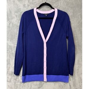 Talbots Petite SP Colorblock Cardigan Sweater Navy Pink Blue Cotton Rayon Preppy